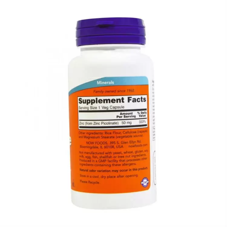 Витамины NOW Цинк пиколинат для здоровья всего организма, 50 мг, 60 шт в России